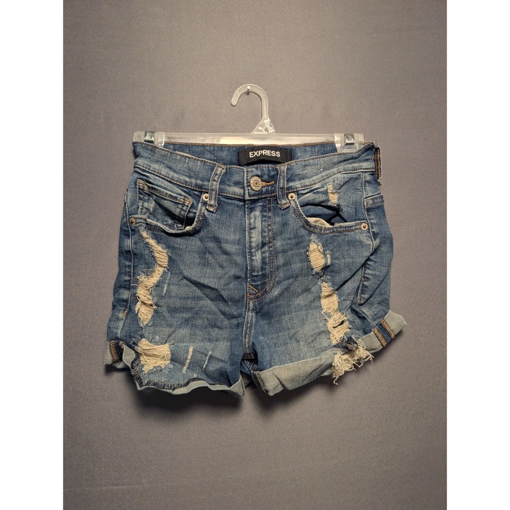 Express Shortie High Rise Denim Shorts Womens 00 Blue Distressed Cuffed Hem